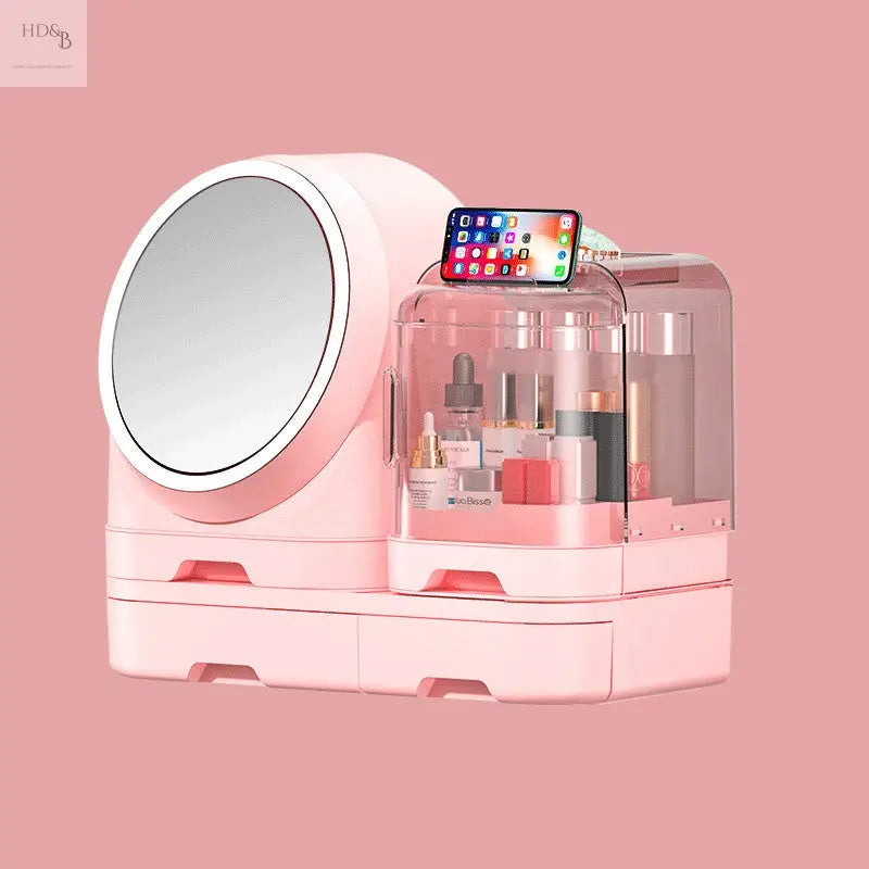 Desktop Makeup Organizer Dustproof With Mirror Home Decorating & Beauty Makeup Organizer Makeup Organizer 65.60 Home Decorating & Beauty Pink-Mirror-with-Light-USB